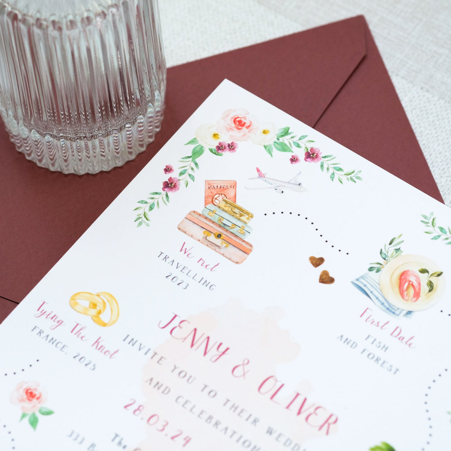 Wedding invitation with illustrations of your love story, with painterly style watercolour flowers in rich shades of burgundy and blush, but the invitation design can be customised to suit your wedding colour scheme